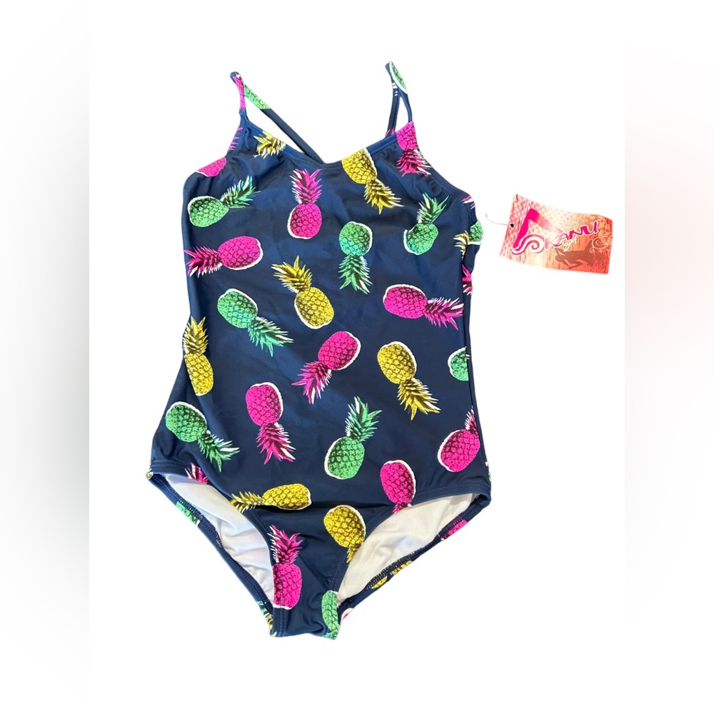 KANU SURF Girls Aloha style #8579 one piece navy blue with pineapples NWT